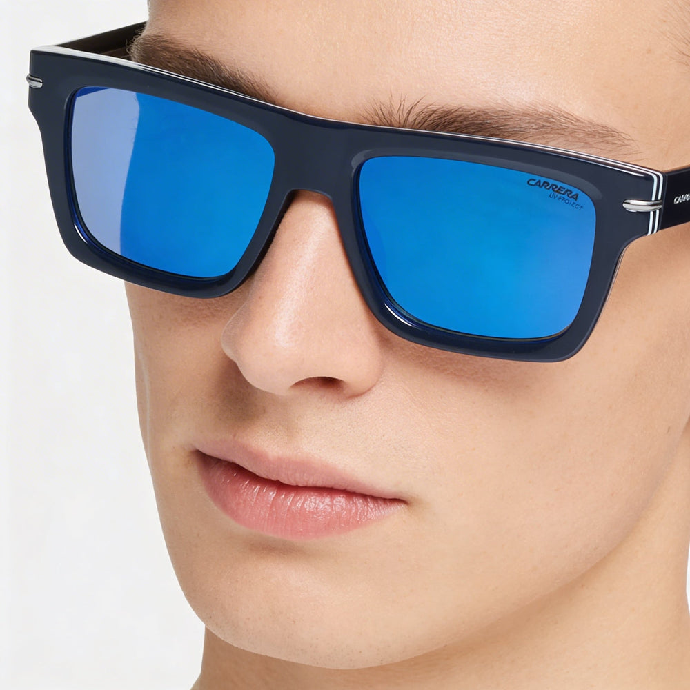 Gafas de sol Carrera Modern Unisex con montura de acetato a rayas azules, polarizadas y protección UV, ancho de lente de 54 mm