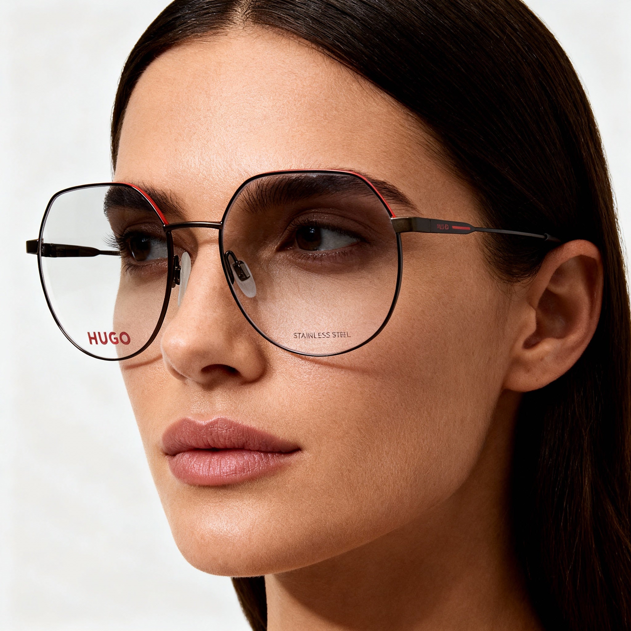 HUGO Hg 1179 Women's Modern Style Metal Frame Non-Polarized Eyeglasses, Matte Black Red, 53mm, Photo 4