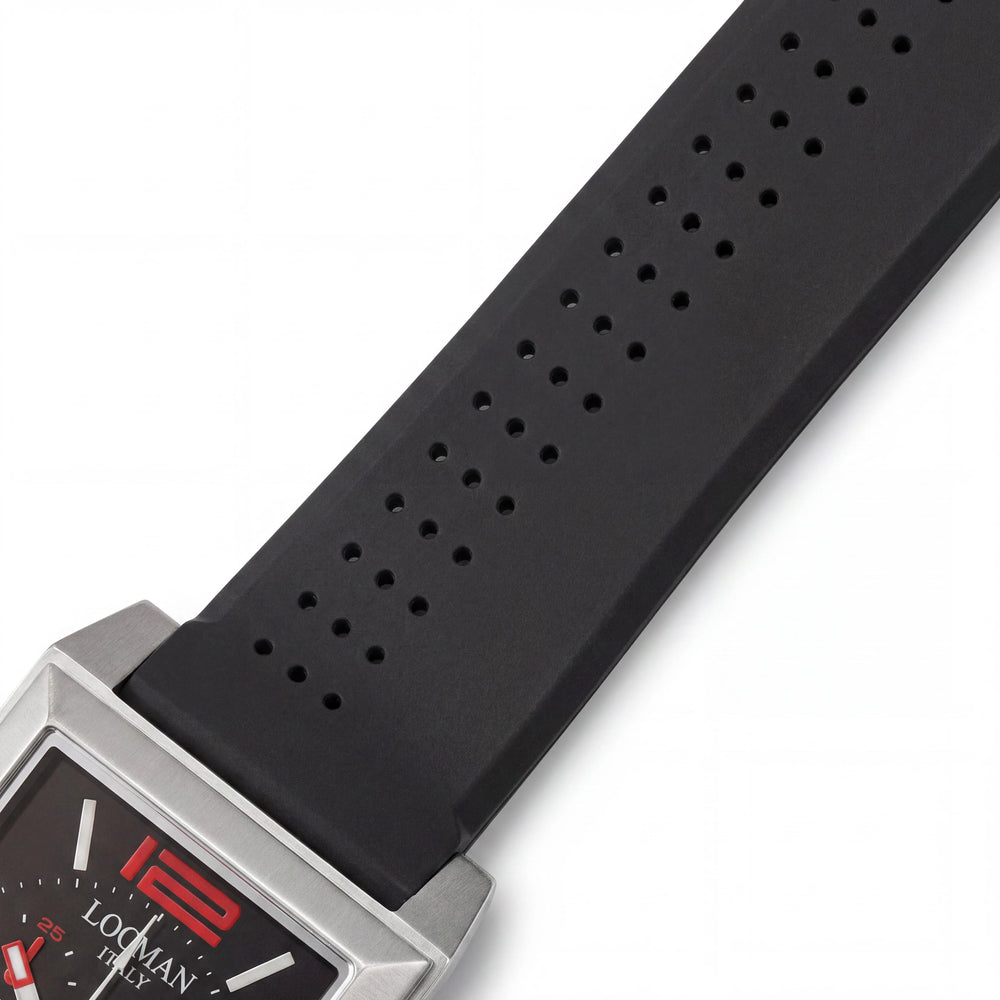 Reloj Locman Quartz 242BKRD1BK para Hombre, Esfera Negra, Caja de Acero Inoxidable, Correa de Silicona, Resistente al Agua, Cristal Mineral Resistente a los Arañazos