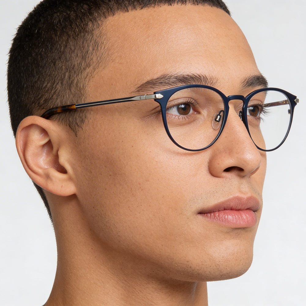 Gafas para hombre rag & bone Rnb 7005 con marco de metal azul marino y lentes de plástico transparente, ancho de lente de 51 mm