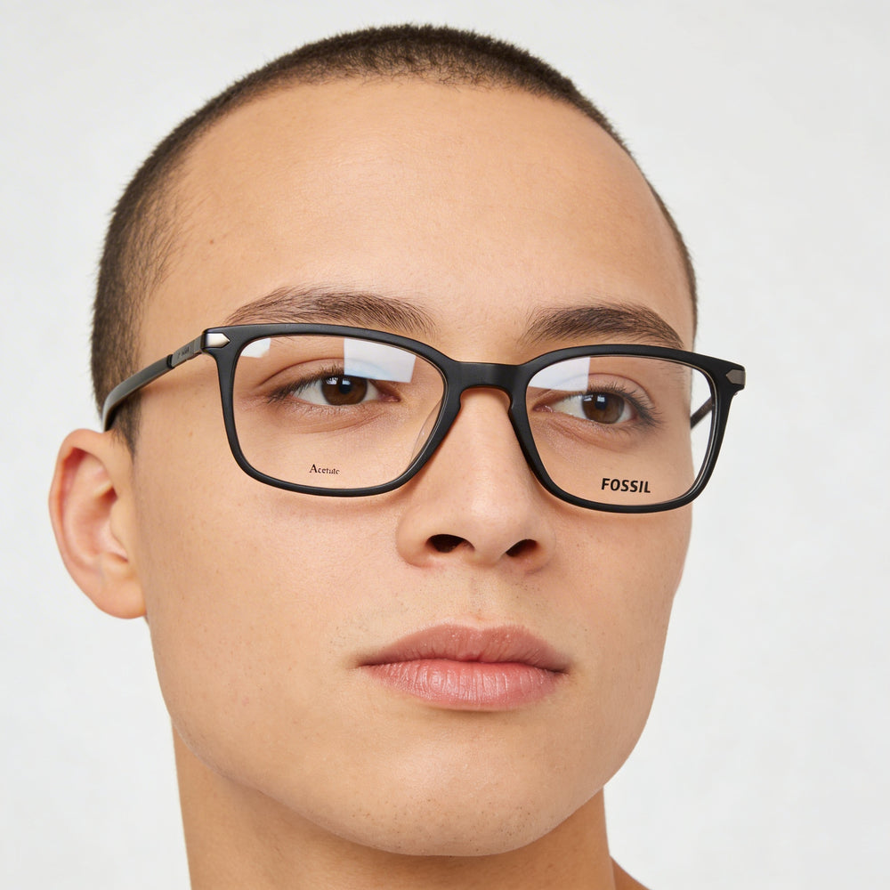 Fossil 7075/G Unisex Rectangular Matte Black Acetate & Stainless Steel Eyeglasses Frame 52mm