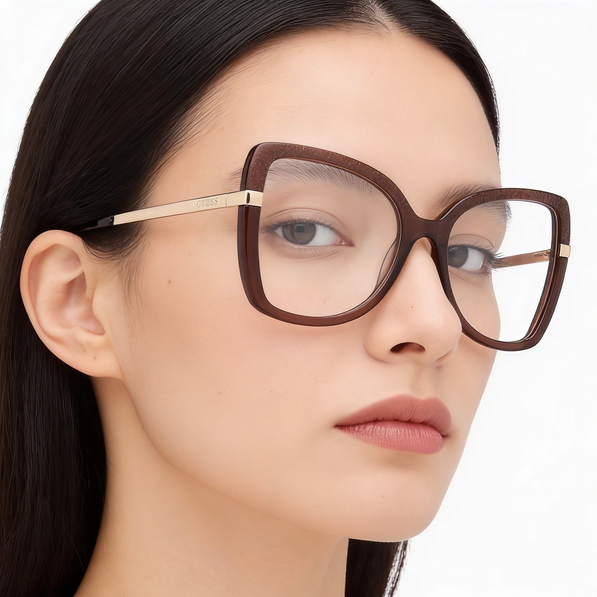 Gafas Guess Gu50245 para mujer, montura de plástico marrón oscuro/dorado pálido con lentes de policarbonato marrón oscuro de 54 mm, Photo 4