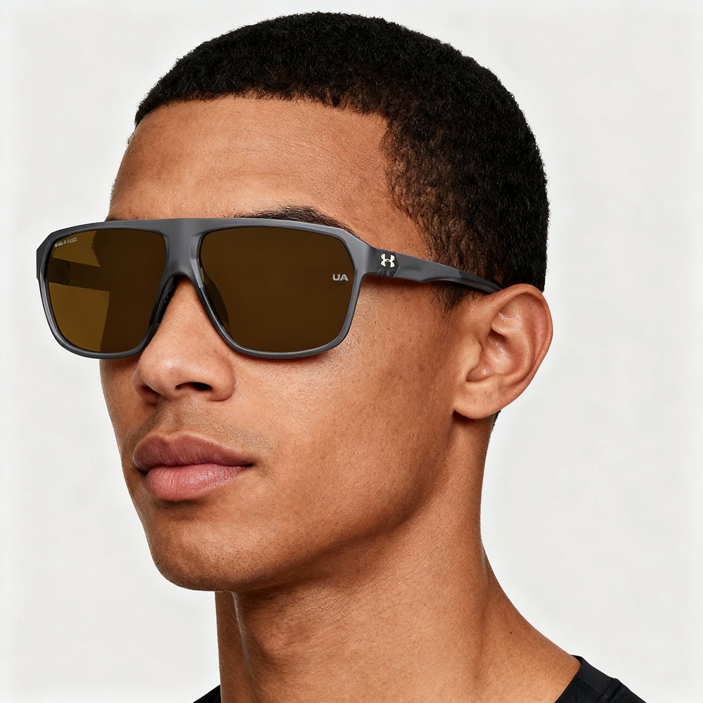 Under Armour UA DOMINATE/F Unisex Sport Sunglasses, Transparent Grey Polyamide Frame, Brown High Contrast Non-Polarized Lenses 65mm