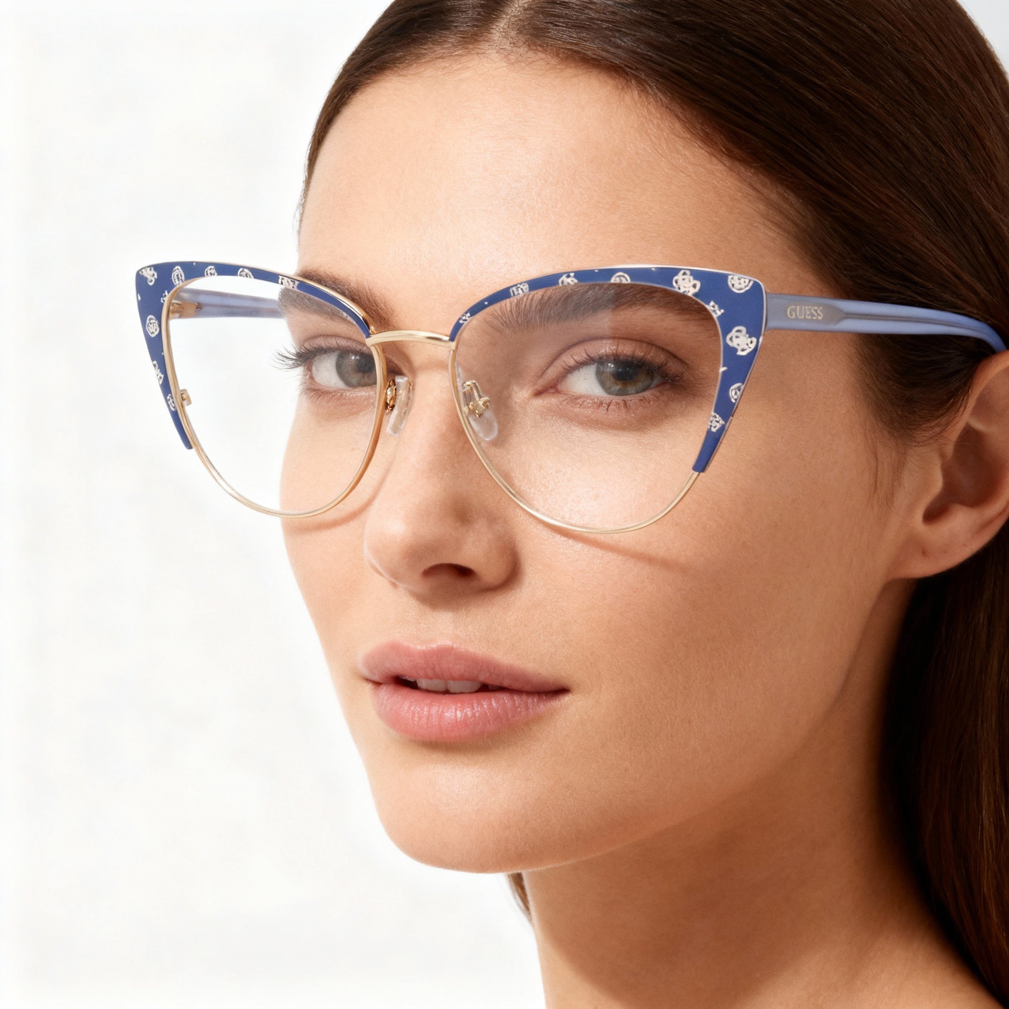 GUESS Gu50121 Women's Metal Cat Eye Polarized Sunglasses, Matte Blue & Shiny Blue Frame, Multicoloured Lenses, 55mm, Photo 3