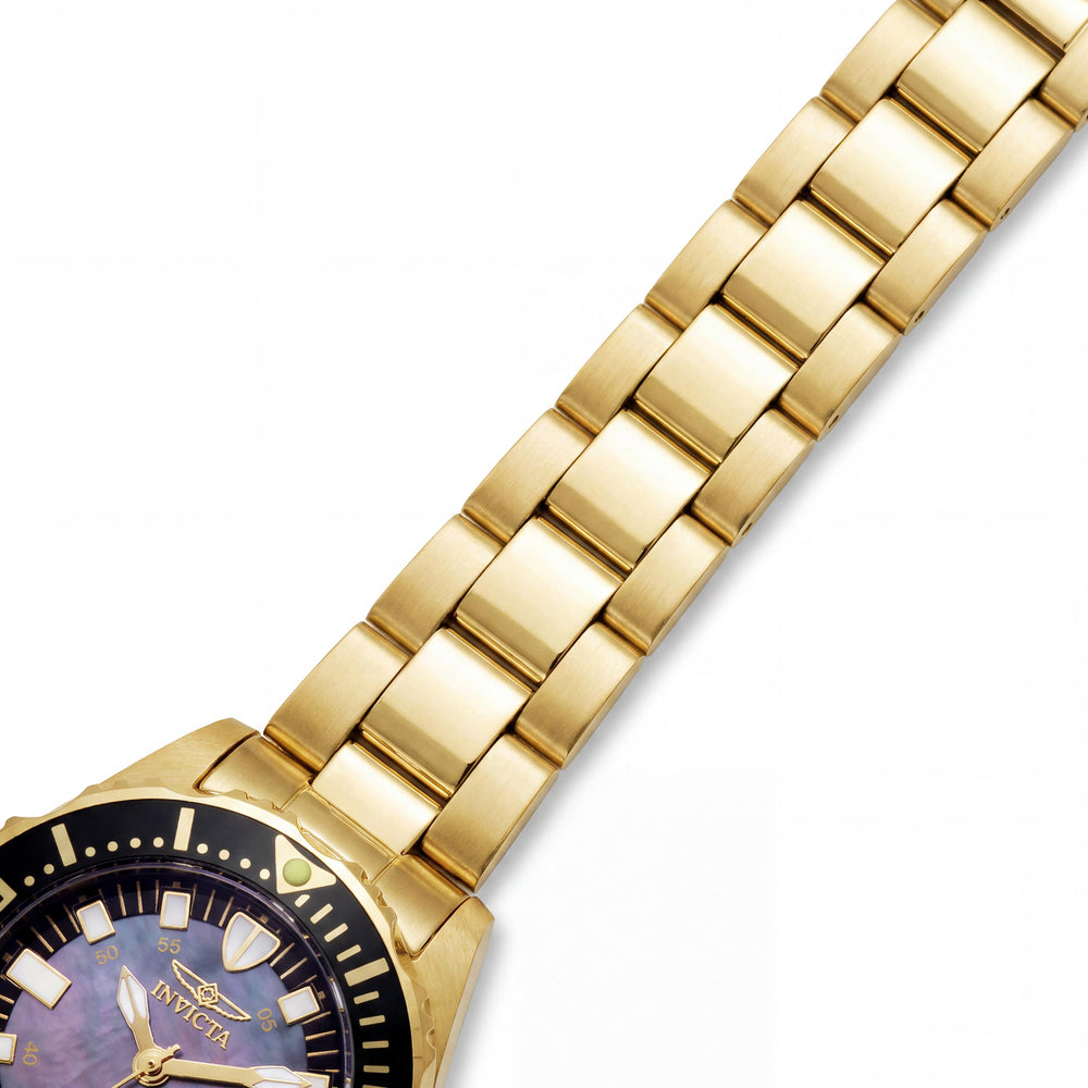 Invicta Pro Diver 2962 Reloj de Acero Inoxidable Chapado en Oro de 30 mm para Mujer, Esfera de Nácar Negro, Bisel Negro
