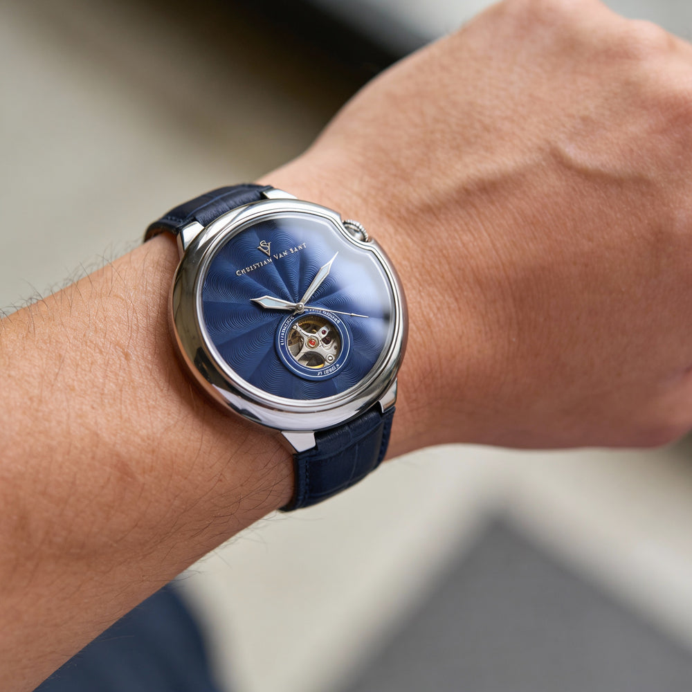 Christian Van Sant Cyclone Automatic Men's Blue Dial Stainless Steel Leather Strap 46mm Water Resistant 50m Watch