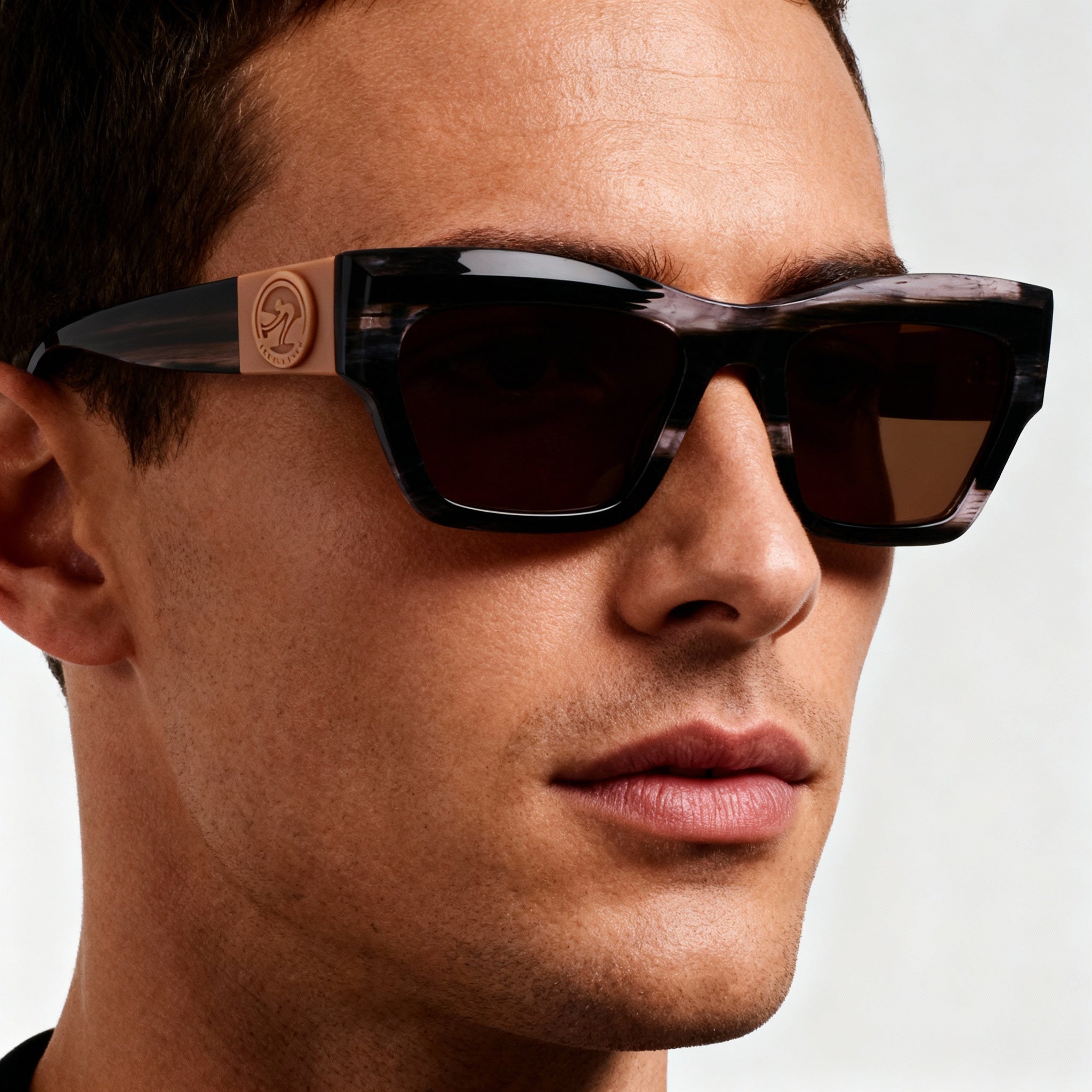 Longchamp Men’s Modern Modified Rectangle Sunglasses with Striped Black Acetate Frame and Non-Polarized Plastic Lenses 53mm, Photo 5