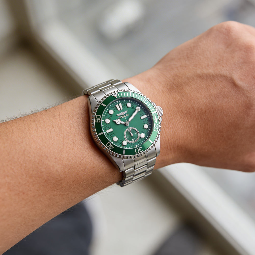 Invicta Pro Diver 49423 Men's Quartz Watch, 43mm Silver Stainless Steel, Green Dial, 10 ATM Water Resistant