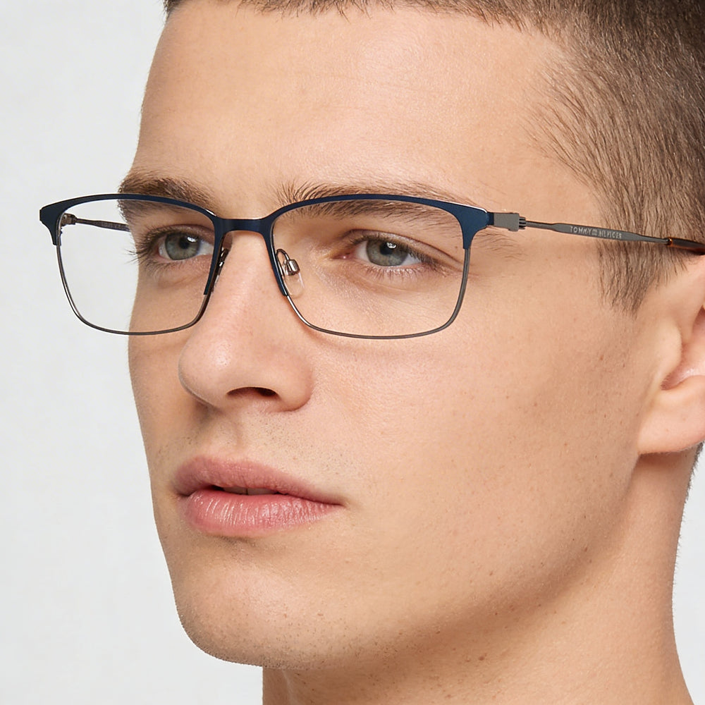 Gafas Tommy Hilfiger Modern para hombre, de metal, sin montura, azul mate, rutenio oscuro, 57-17-145