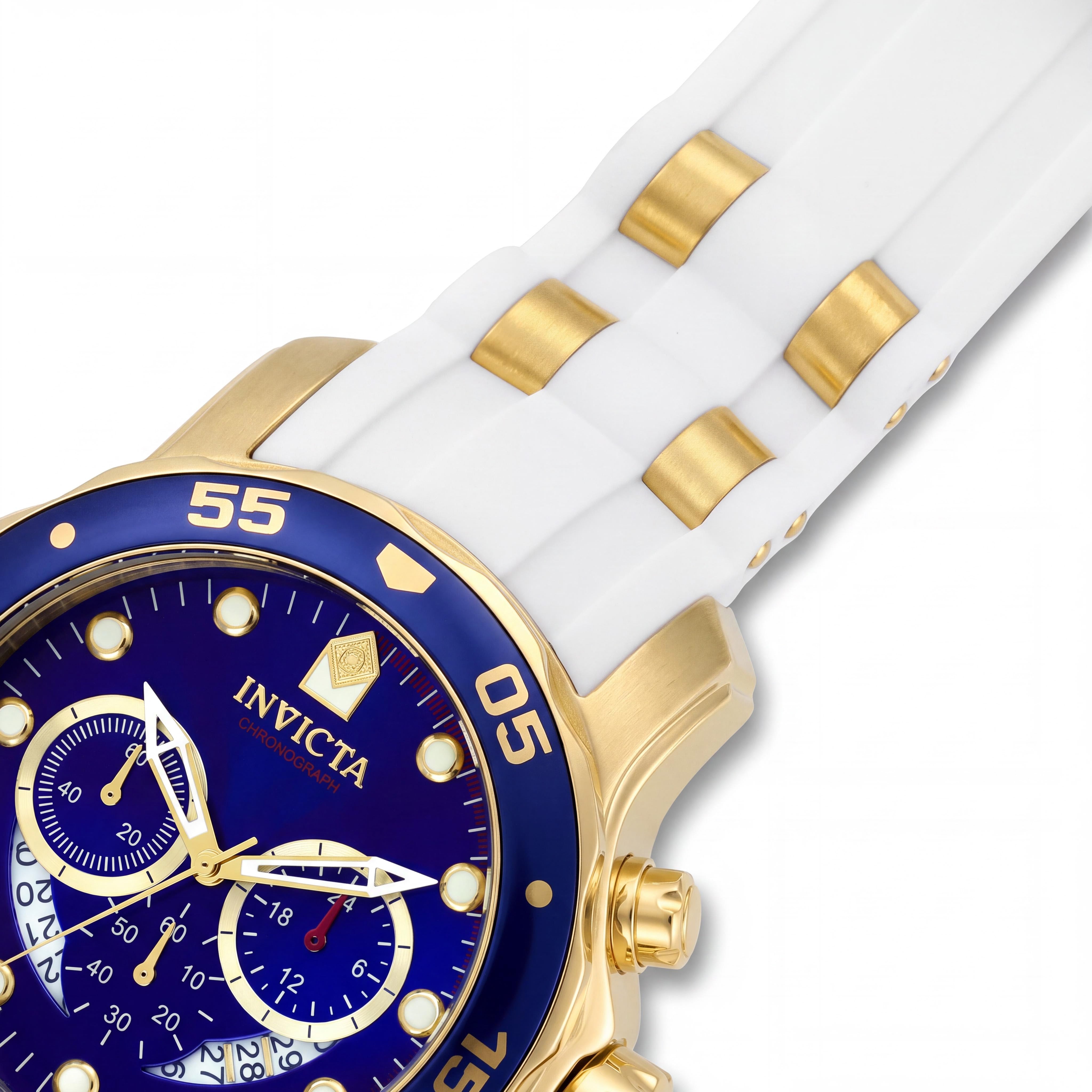 Reloj Invicta para hombre Pro Diver cronógrafo caja de acero inoxidable dorada, esfera azul, correa de poliuretano blanca 48 mm, Photo 3
