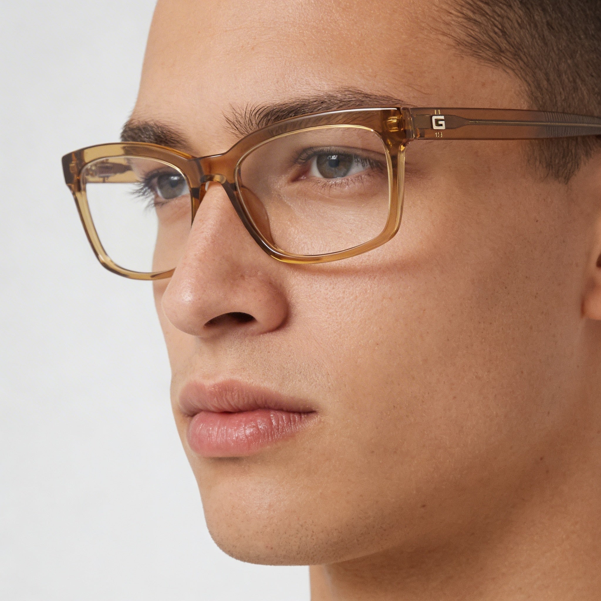 Gafas GUESS Gu50252 para hombre con montura de plástico amarillo oscuro brillante y lentes transparentes, 55 mm, Photo 4
