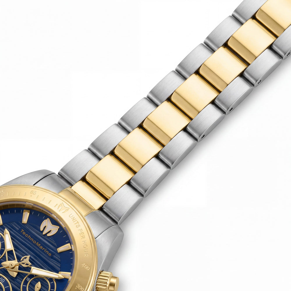 Reloj Technomarine Manta Collection de Cuarzo Cronógrafo para Mujer, Resistente al Agua, Caja de Acero Inoxidable Tono Dorado de 38 mm y Esfera Azul