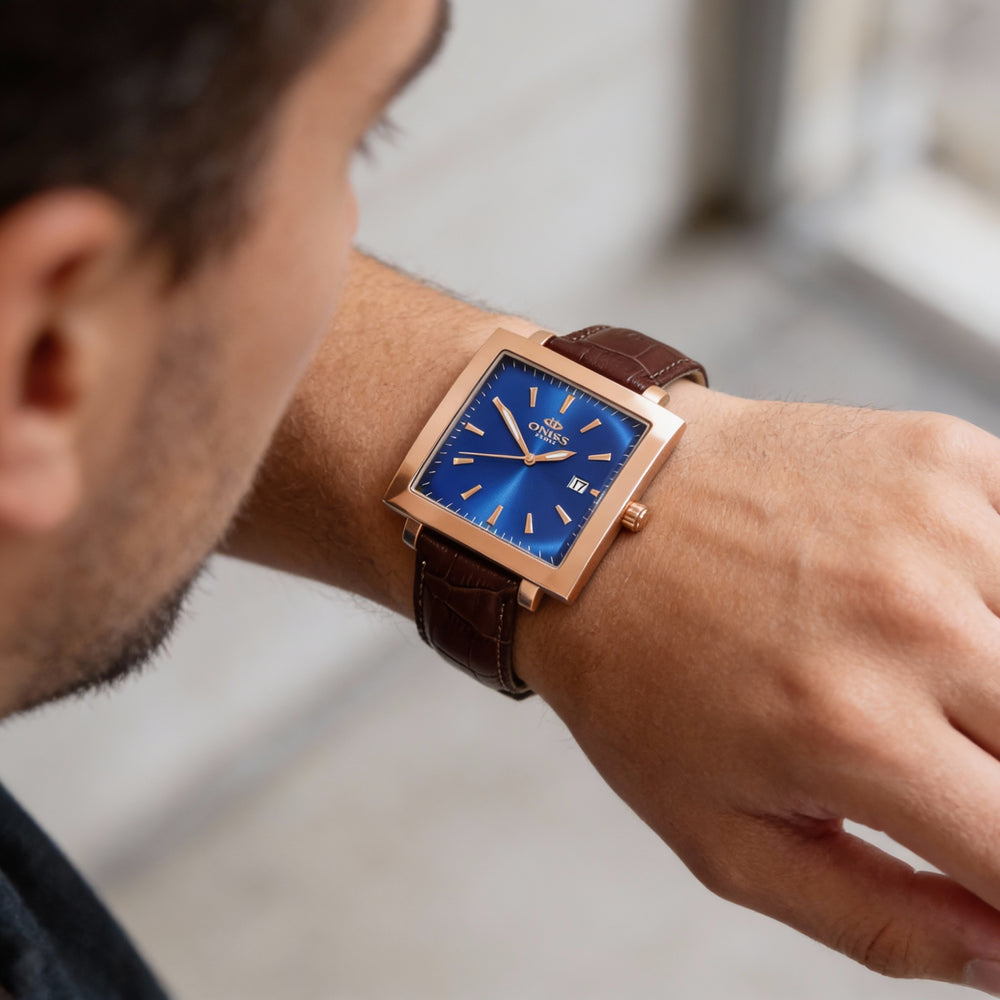 Oniss Modern Men's Watch Featuring Blue Dial, Stainless Steel Case, Leather Strap, Quartz Movement, and Scratch Resistant Mineral Crystal