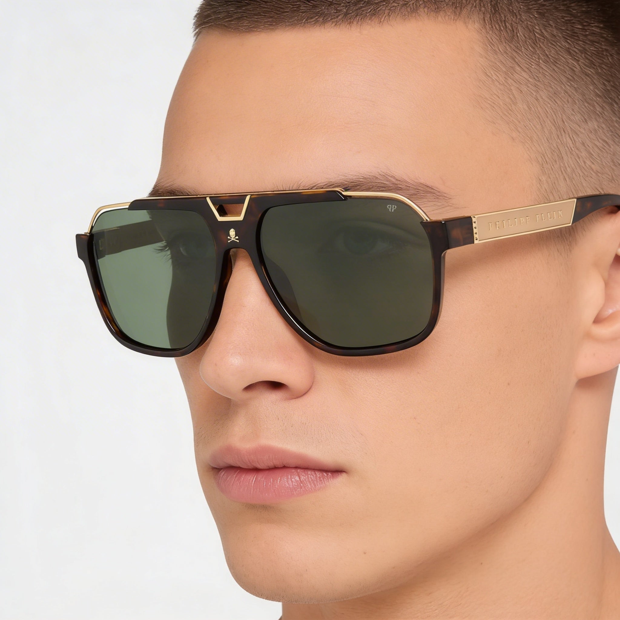 Philipp Plein Spp046v Men's Acetate Dark Havana Sunglasses with Green Nylon Bio Based UV Lenses 61mm, Photo 4