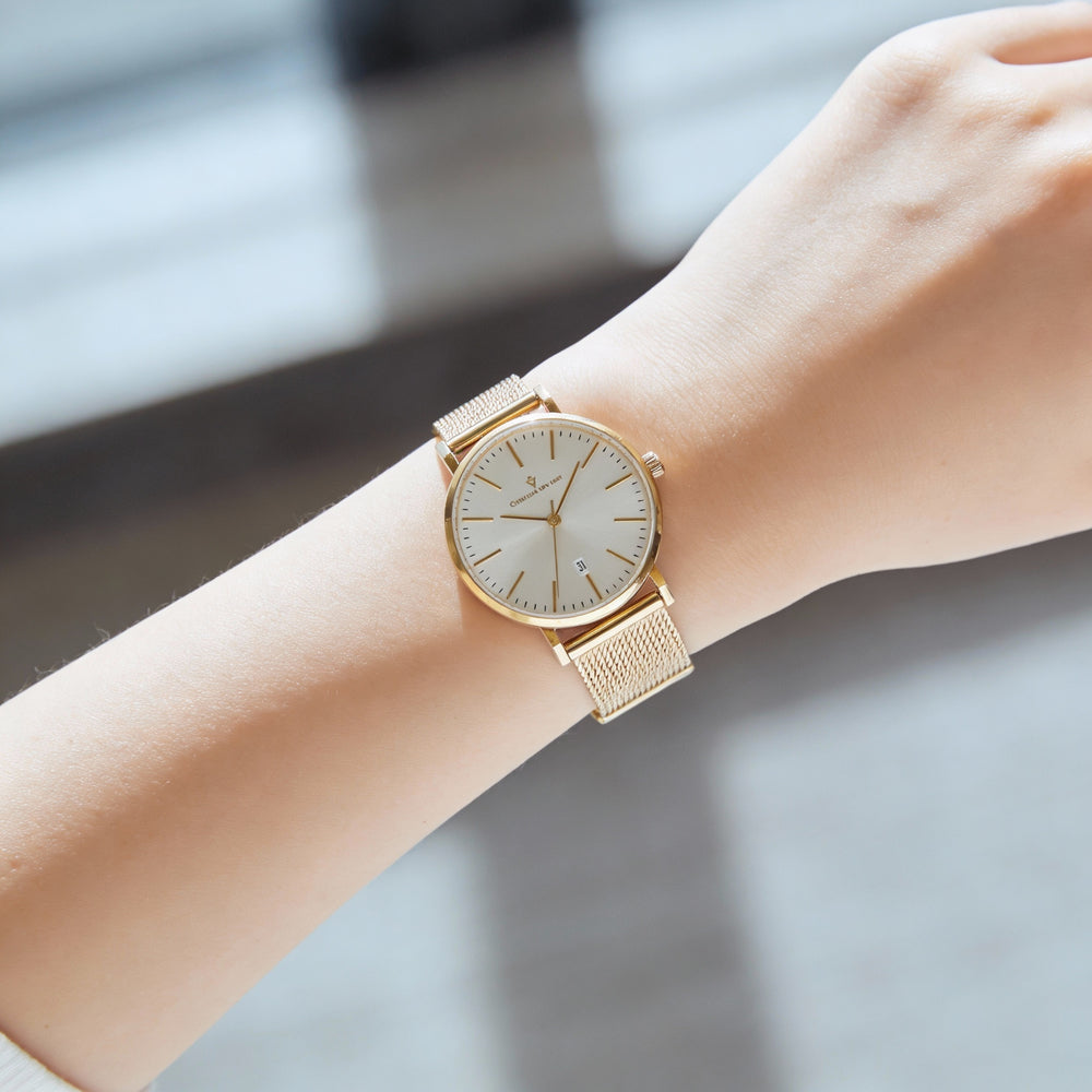 Reloj de cuarzo Christian Van Sant Paradigm para mujer, con esfera plateada, caja y pulsera de acero inoxidable y fecha.