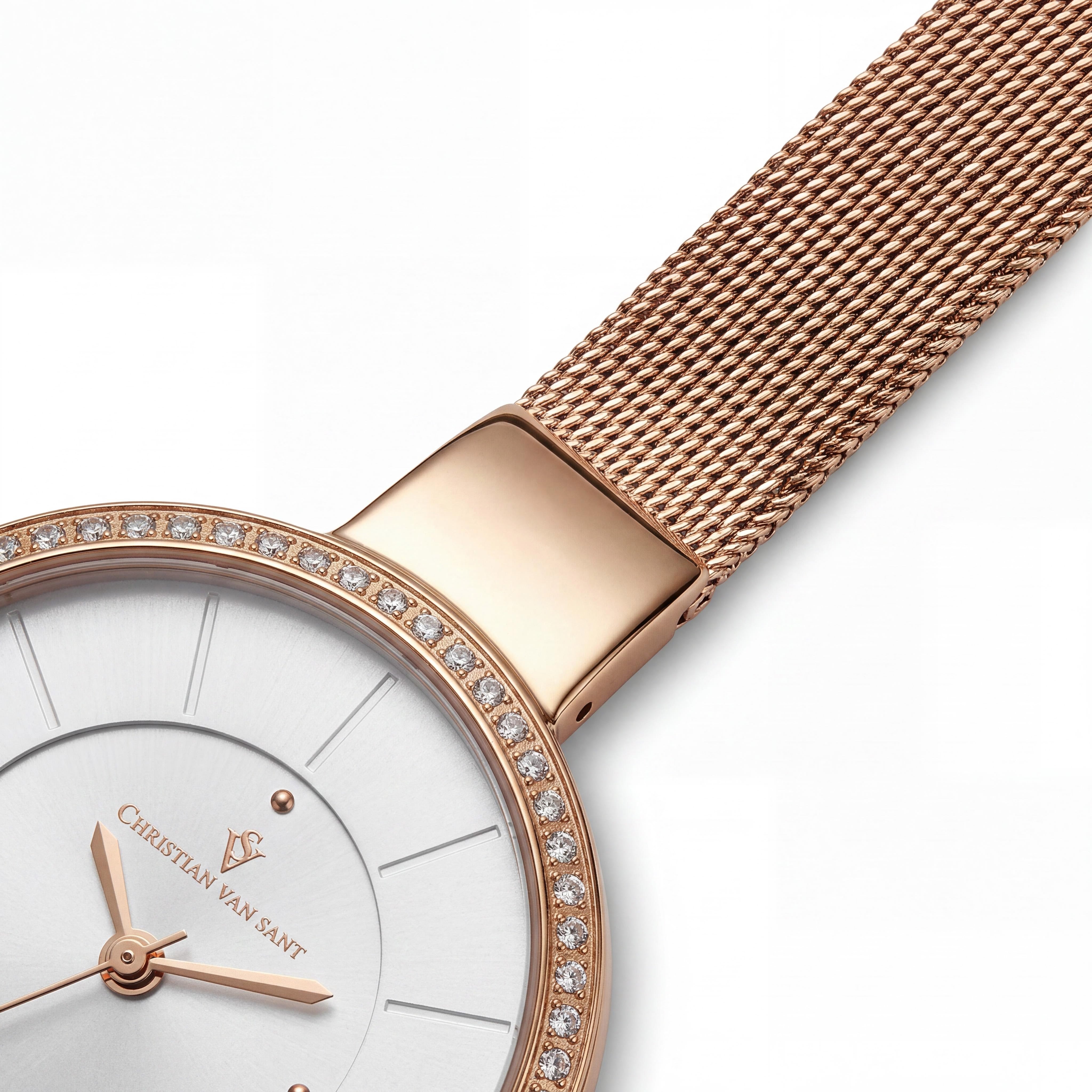 Reloj Christian Van Sant para mujer, brazalete de acero inoxidable chapado en oro rosa, esfera plateada, cristales, cuarzo, 32 mm, Photo 2