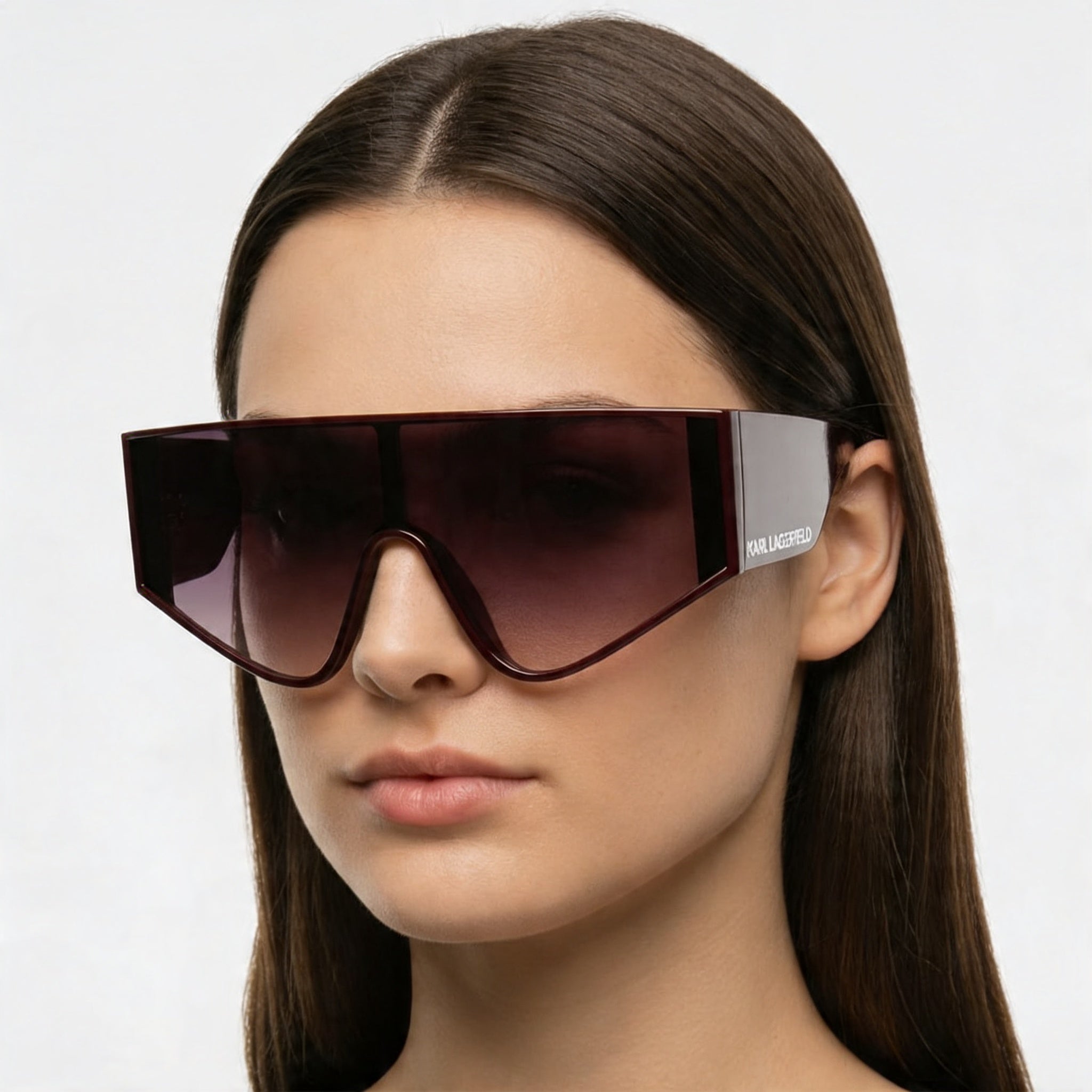 KARL LAGERFELD Women's Mask Wraparound Sunglasses, Bordeaux Acetate Frame, Gradient Bordeaux Lenses, 65mm UV400, Photo 5