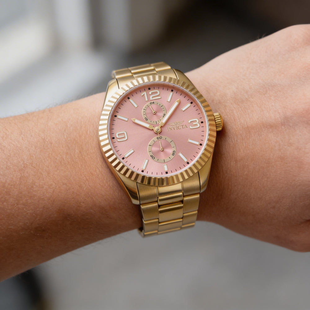 Reloj de pulsera de cuarzo unisex Invicta Specialty 49531, caja de acero inoxidable dorado, esfera de oro rosa, 43 mm