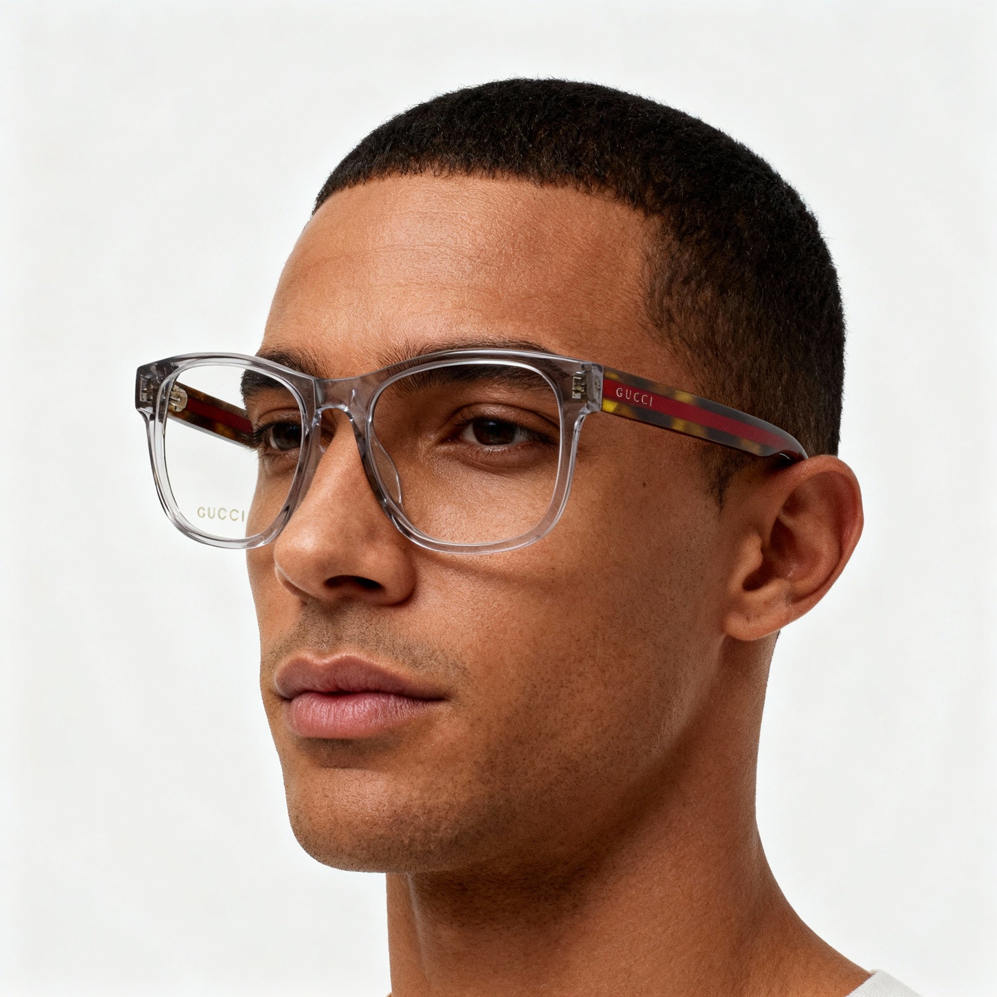 Gucci GG0004ON Men's Acetate Rectangular Eyeglasses, Clear Lenses, Transparent Grey 53-19-145, Photo 4
