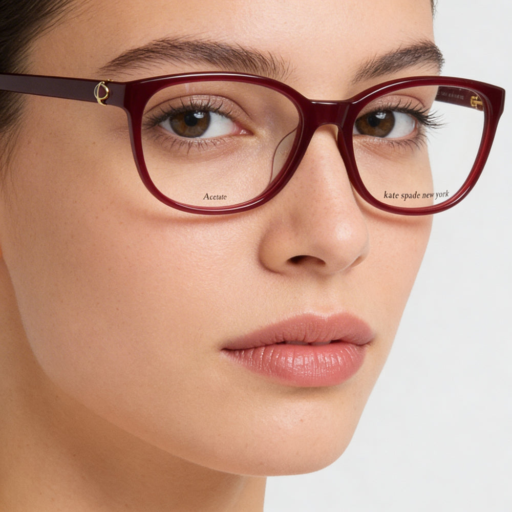 Gafas de moda Kate Spade New York para mujer, montura asiática, montura completa, acetato, cuadradas, color burdeos, 52 mm