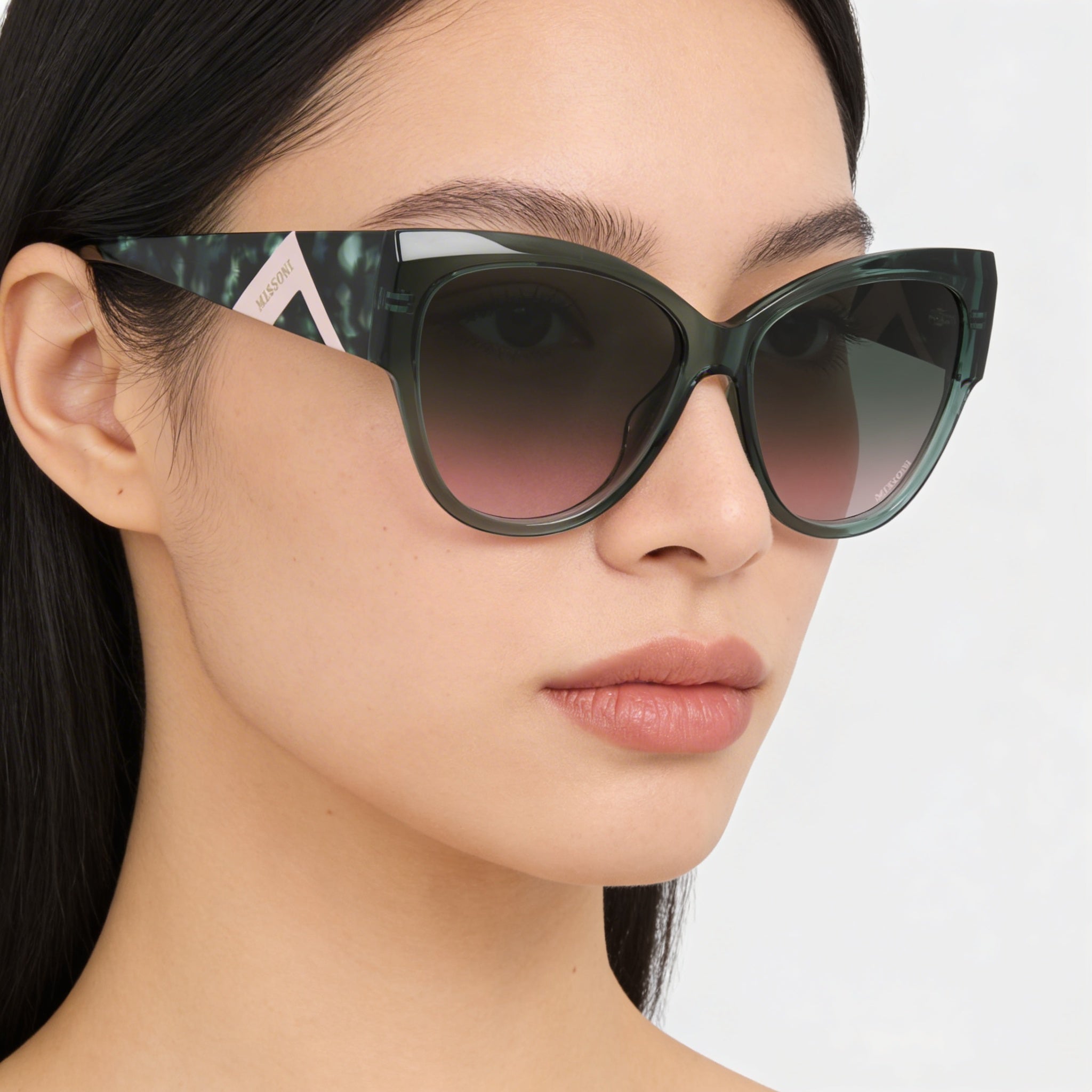 Gafas de sol casuales M Missoni para mujer, montura verde de acetato y lentes de policarbonato verde y rosa, 57-16-140, Photo 3