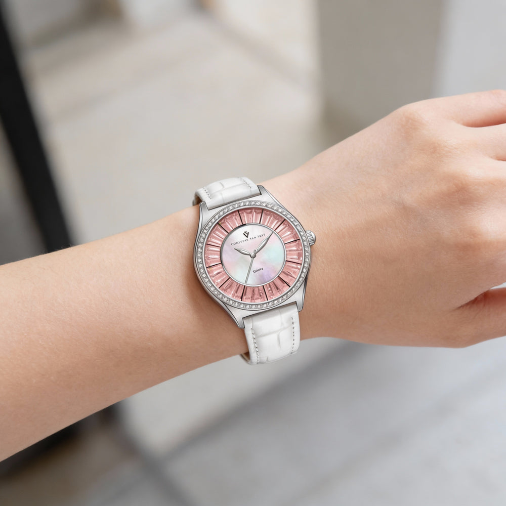 Christian Van Sant Women’s Quartz Movement Watch, Mother of Pearl Dial, Stainless Steel Case, Leather Strap