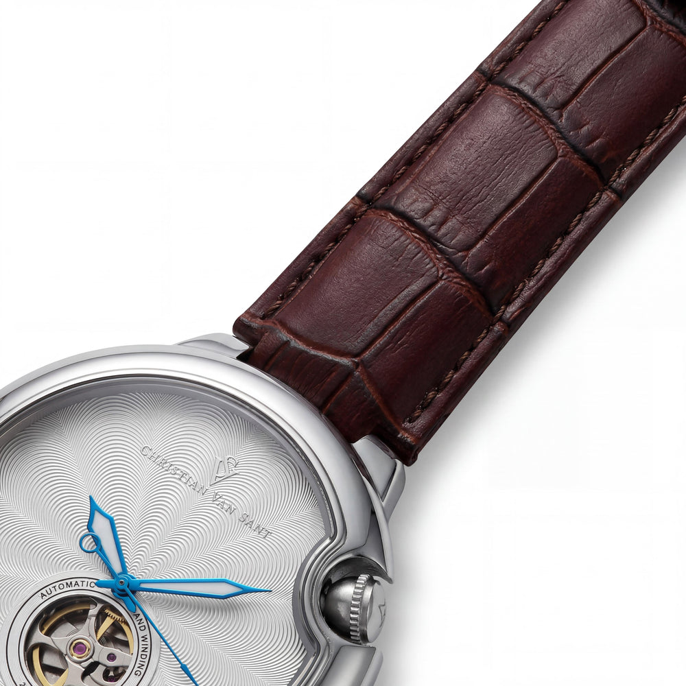 Christian Van Sant CV0141 Cyclone Automatic Men's Brown Silver Stainless Steel Case Leather Strap 46mm Watch