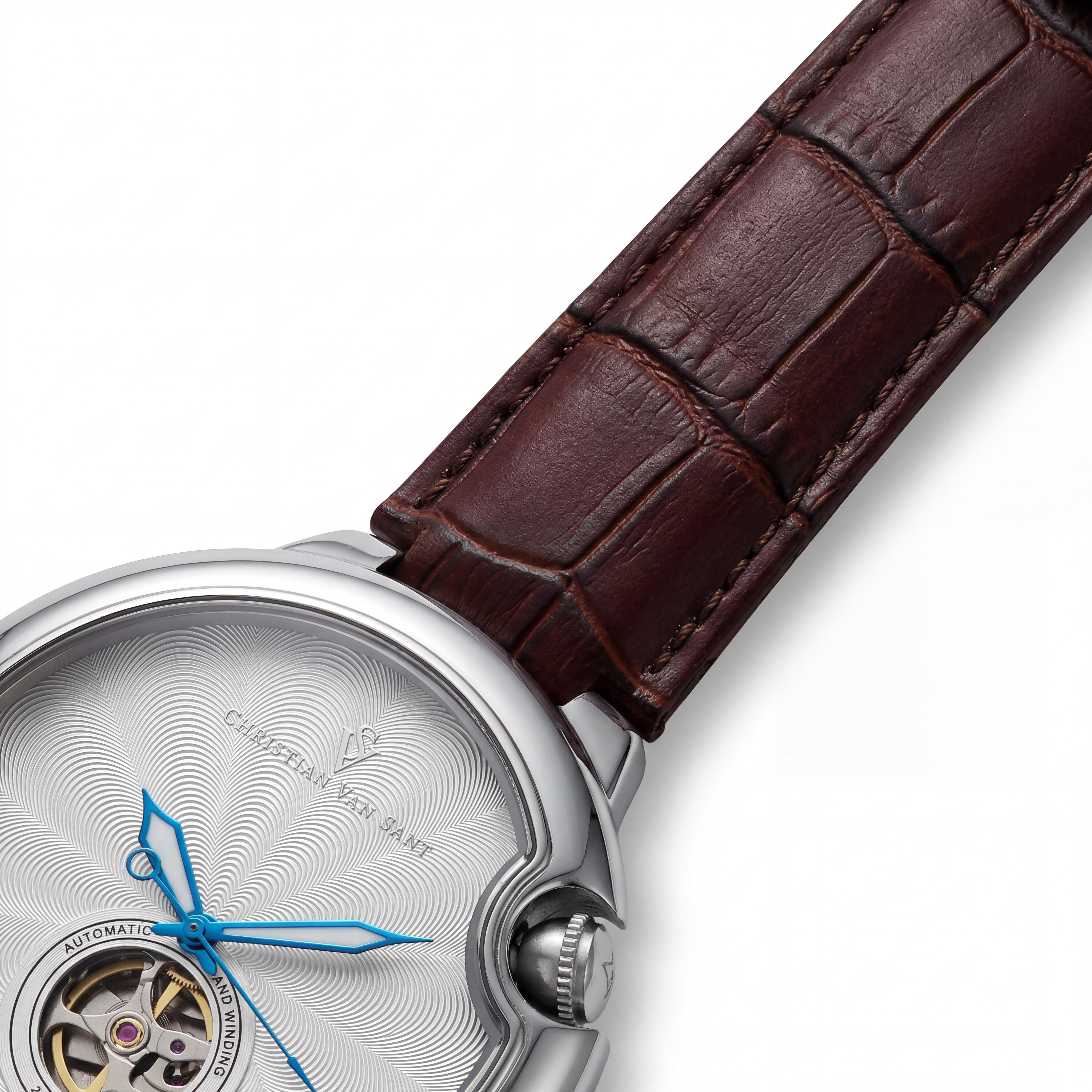 Christian Van Sant CV0141 Cyclone Automatic Men's Brown Silver Stainless Steel Case Leather Strap 46mm Watch, Photo 3