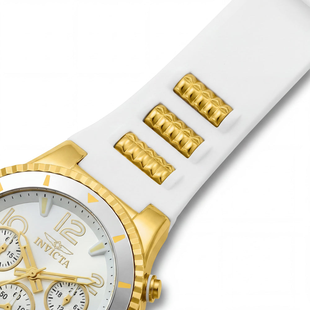 Reloj cronógrafo Invicta de cuarzo para mujer, caja de acero inoxidable plateada, correa de silicona blanca, esfera plateada, 39 mm, resistente al agua