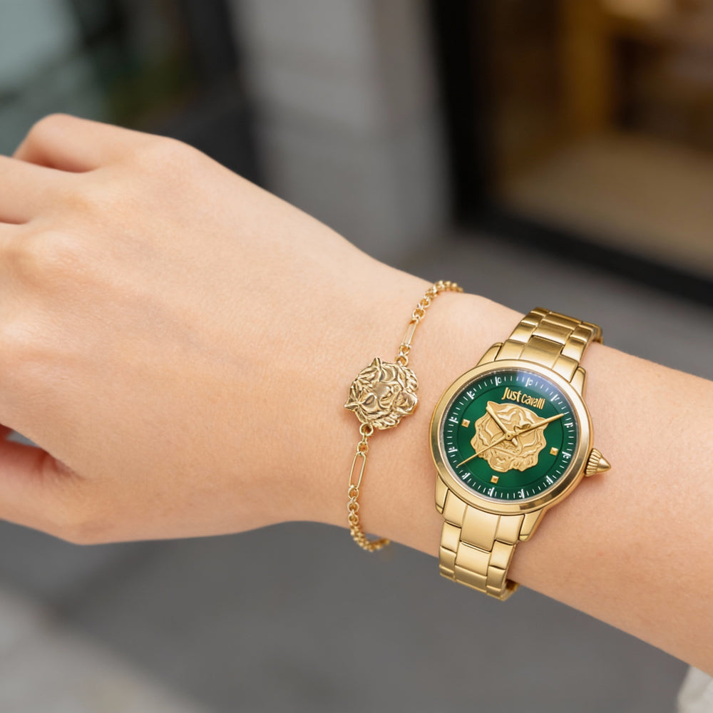 Just Cavalli bracelet Women's Quartz Watch Set, Bottle Green Dial, Yellow Gold Stainless Steel 30mm