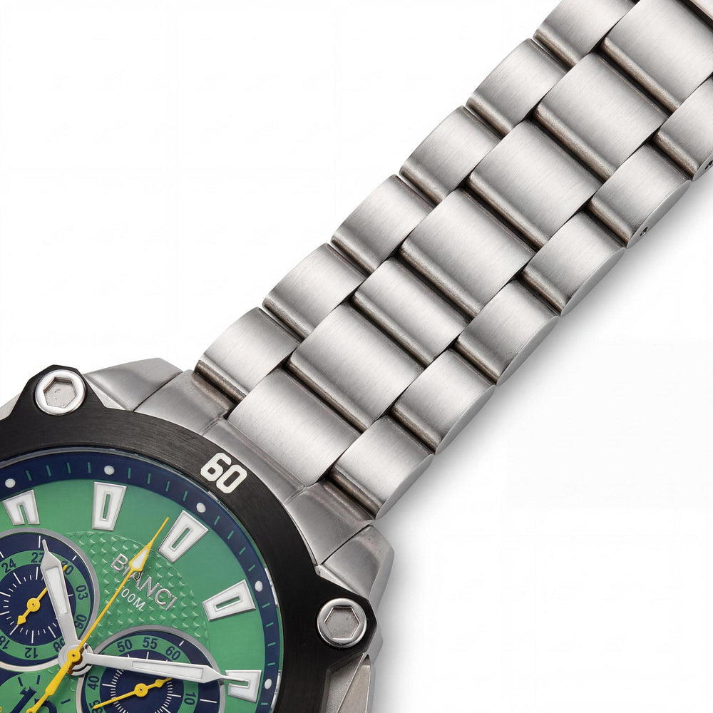Reloj cronógrafo de cuarzo casual para hombre Roberto Bianci, acero inoxidable plateado, esfera verde, resistente al agua 100 m