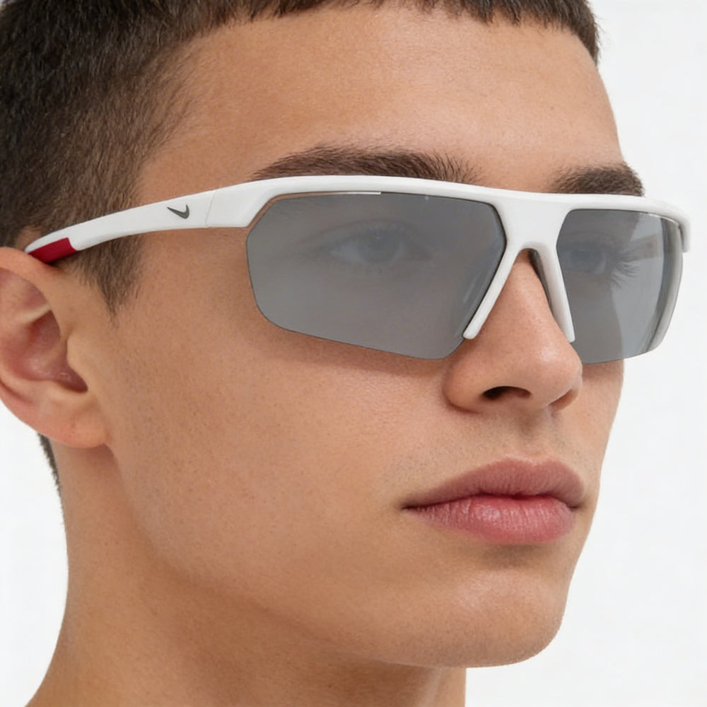 Nike Gale Force Unisex Sport Wrap Semi-Rimless Plastic Sunglasses White Wolf Grey Silver Flash 71mm