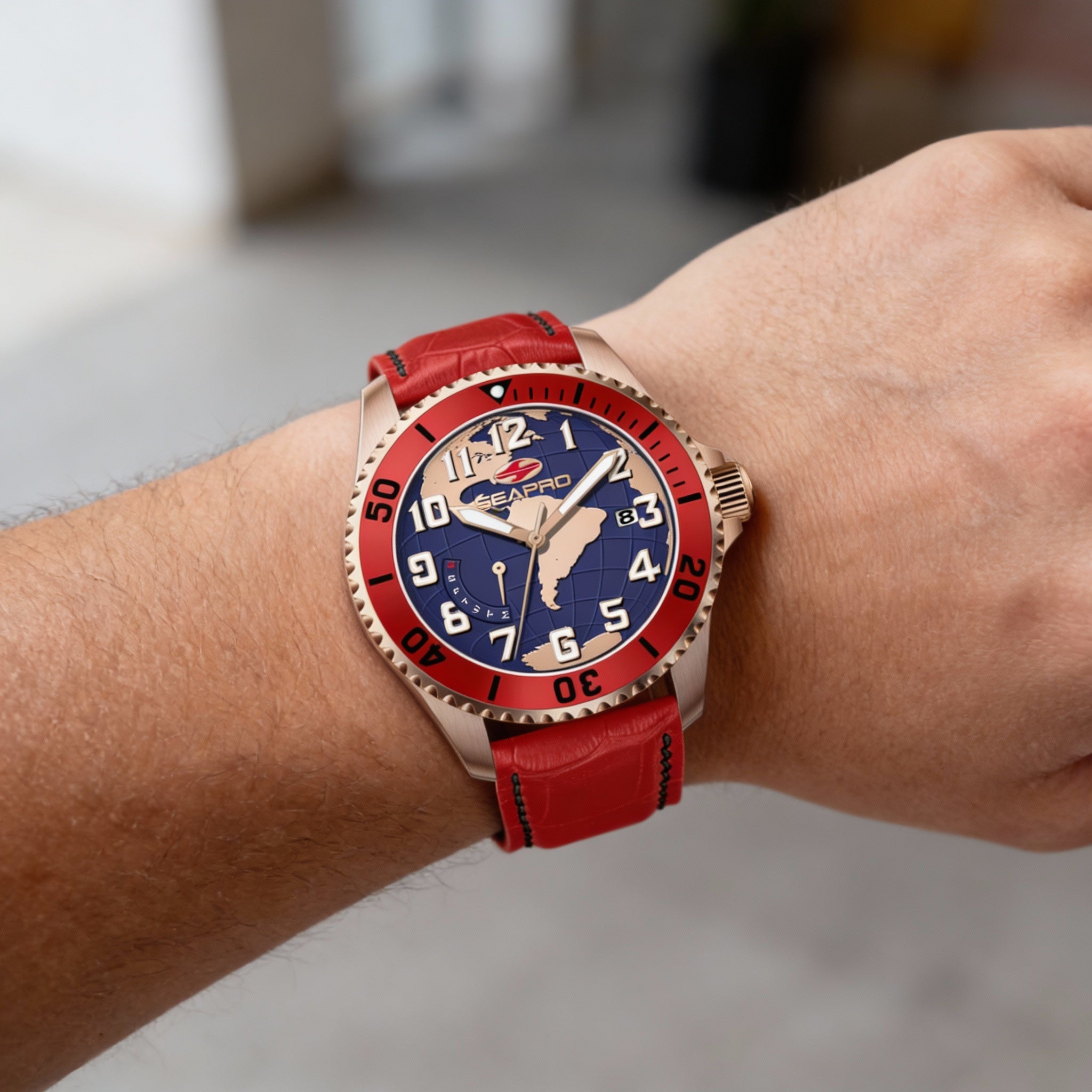 Seapro Quartz Movement Men's Blue Dial Stainless Steel Water Resistant Watch with Leather Strap, Photo 3