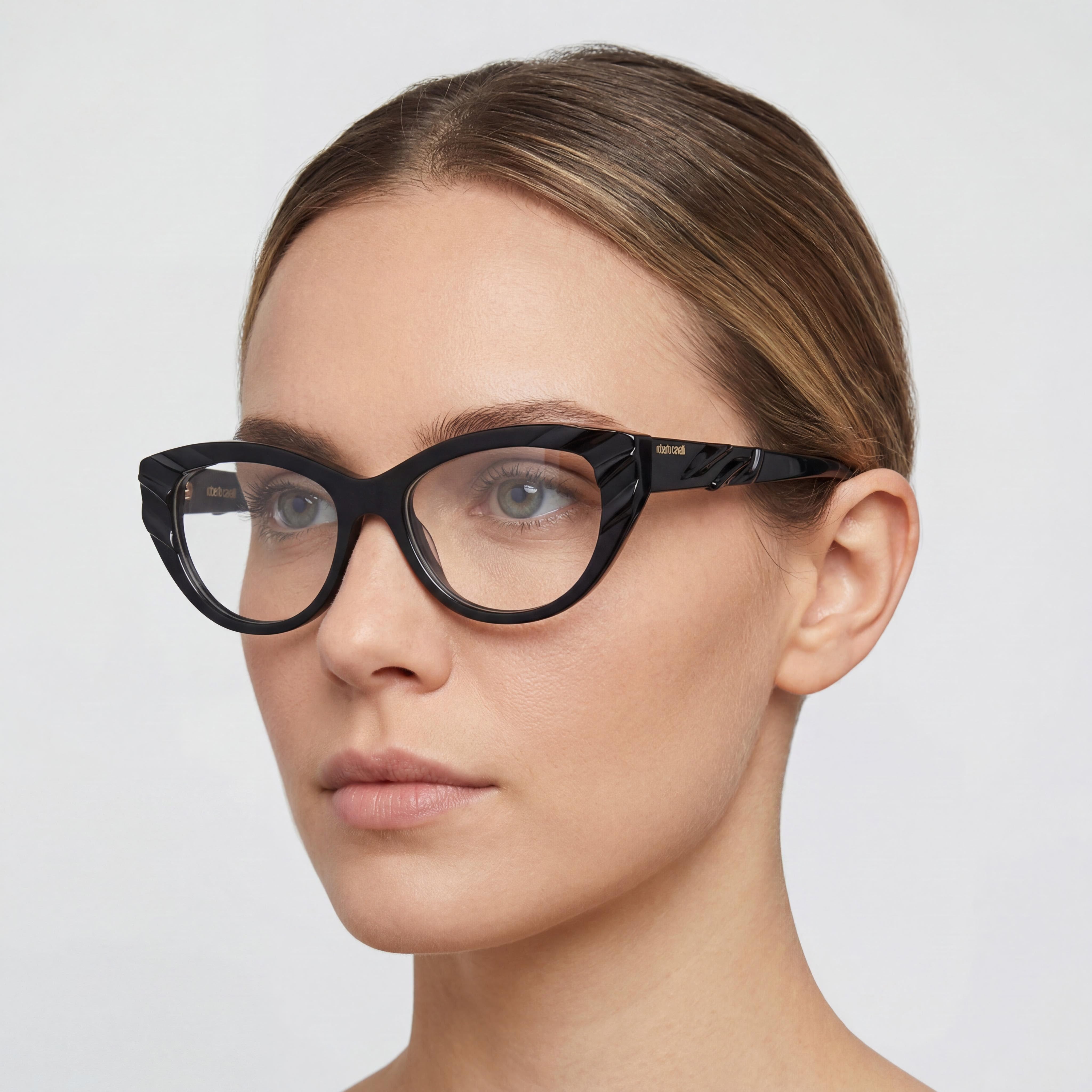 Just Cavalli Modern Women's Cat Eye Optical Eyeglasses featuring Glossy Black Acetate Frames 53-16-135, Photo 3