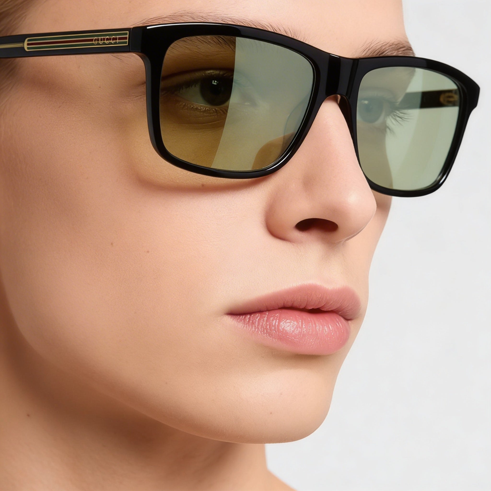 Gucci Casual Unisex Sunglasses featuring a Black Plastic Frame and Non-Polarized Moss Green Lenses, Photo 3