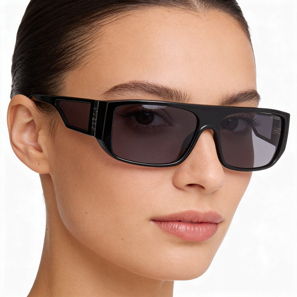 GUESS Damian Square Plastic Sunglasses Women's Shiny Black Frame Black Lens UV Protection 60mm