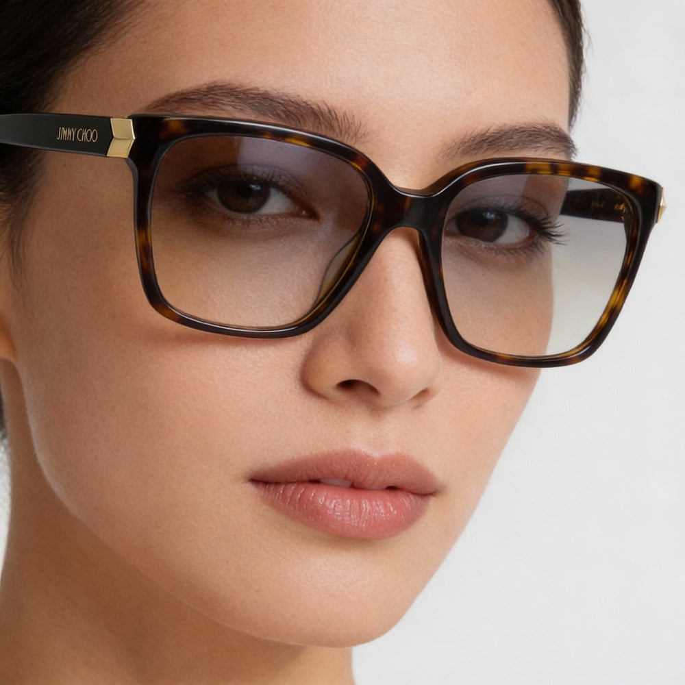Gafas de vista Jimmy Choo para mujer, estilo contemporáneo, color habana oscuro, de acetato, con forma de flecha y forma cuadrada, talla 52-16