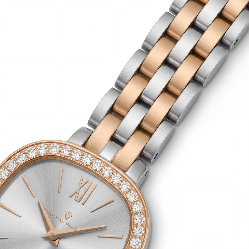 Christian Van Sant Women's CV1269 Two-tone Stainless Steel Silver Dial Square Quartz Watch with Mineral Crystal 24mm