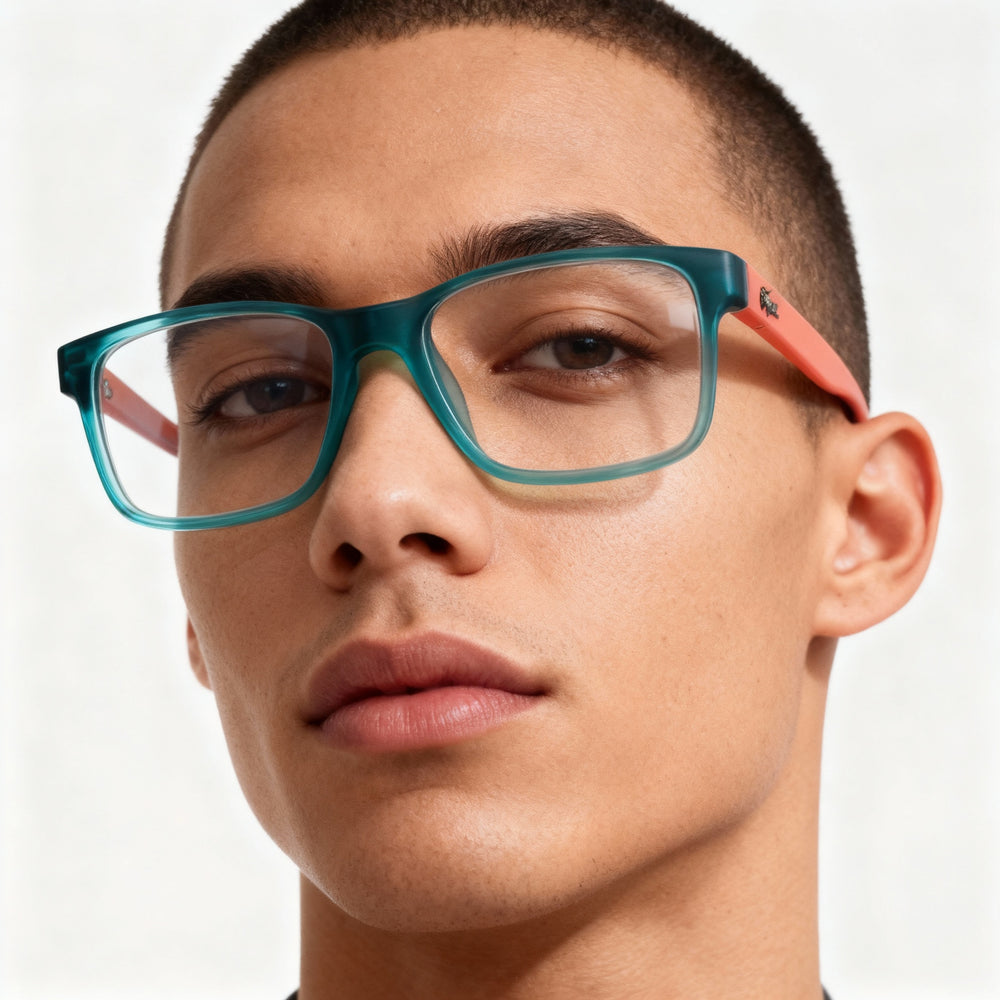 Gafas unisex Lacoste L3804b cuadradas con lentes de policarbonato transparentes no polarizados, montura de plástico fosforescente estrellado color aguamarina mate, 51-16-135