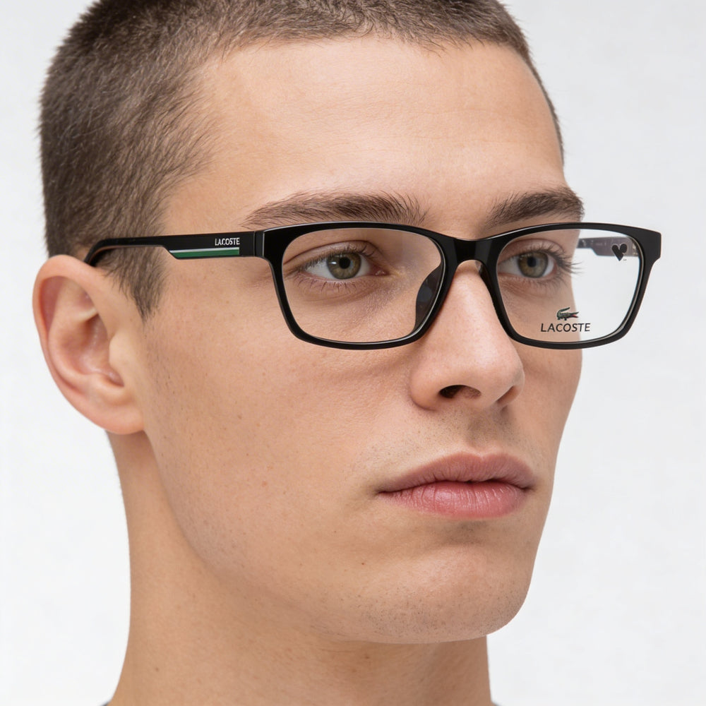 Gafas de sol de estilo moderno Lacoste para hombre con montura inyectada en negro y lentes negras no polarizadas, ancho de lente de 54 mm