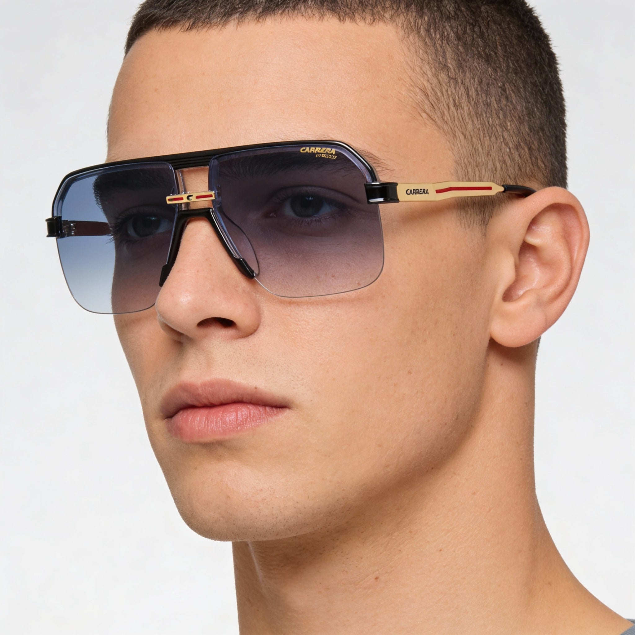 Carrera 1066/S Men's Black Crystal Polyamide Square Sunglasses with Dark Blue Shaded Non-Polarized UV Lenses 63mm, Photo 3