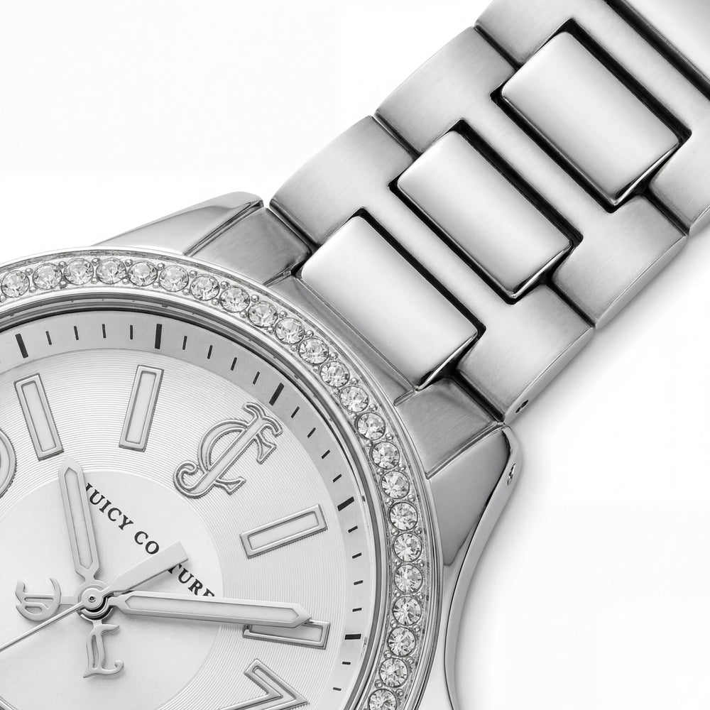 Reloj de cuarzo de acero inoxidable plateado Juicy Couture Jetsetter para mujer con bisel de cristal de Swarovski, 38 mm
