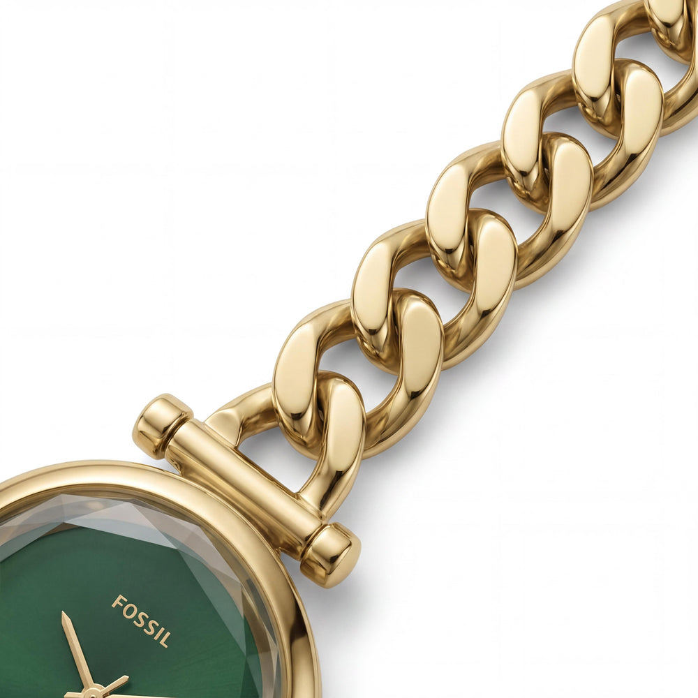 Reloj Fossil ES5441 unisex con correa de acero inoxidable tono dorado, esfera verde, caja redonda y movimiento de cuarzo de tres manecillas