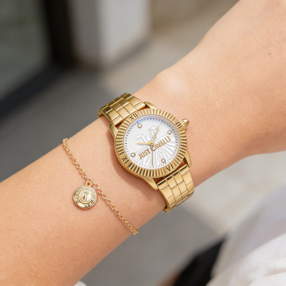 Reloj Just Cavalli de pulsera de cuarzo para mujer, 26 mm, acero inoxidable chapado en oro amarillo, esfera plateada gris