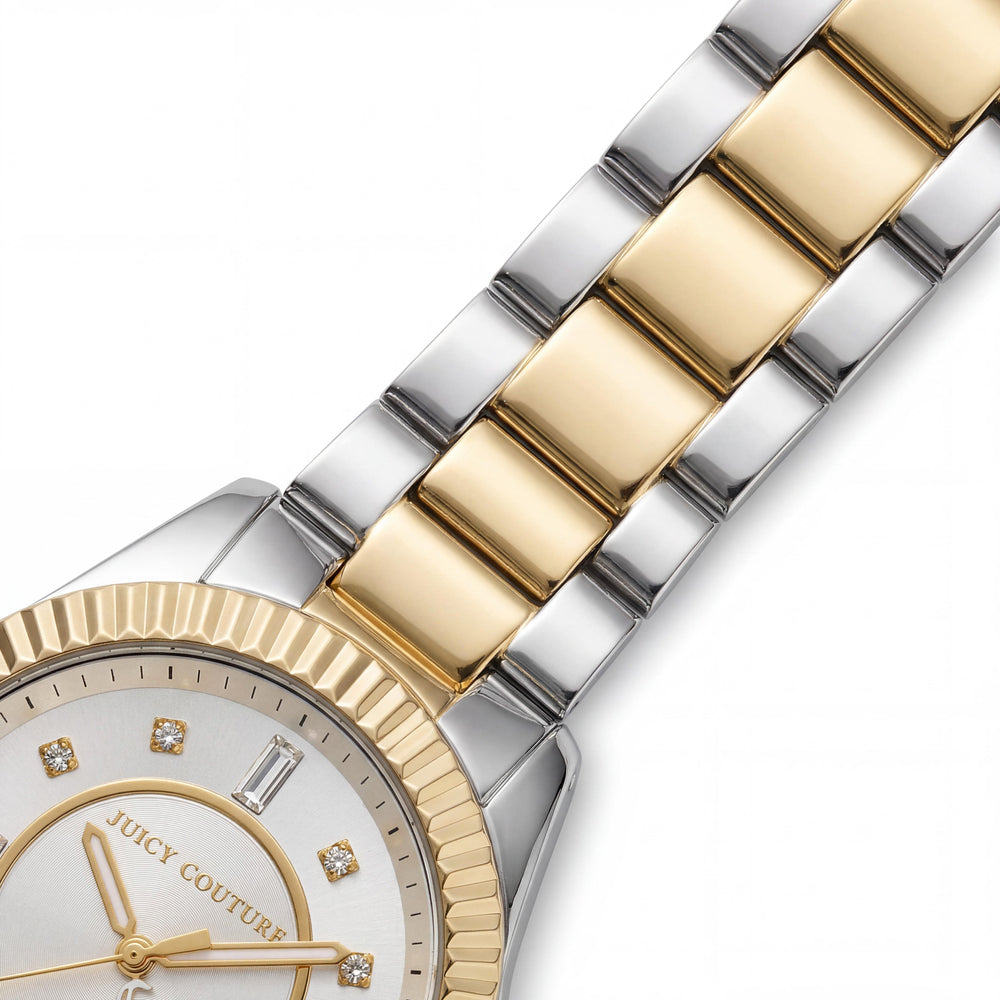 Juicy Couture Stella Reloj para mujer de 41 mm en oro amarillo y acero inoxidable de dos tonos, resistente al agua, con cristales de Swarovski, esfera plateada