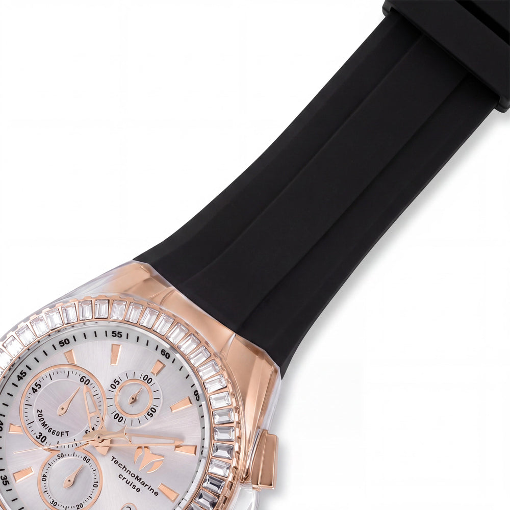 Reloj cronógrafo moderno Technomarine para hombre con caja de acero inoxidable en tono oro rosa y correa de silicona negra de 45 mm