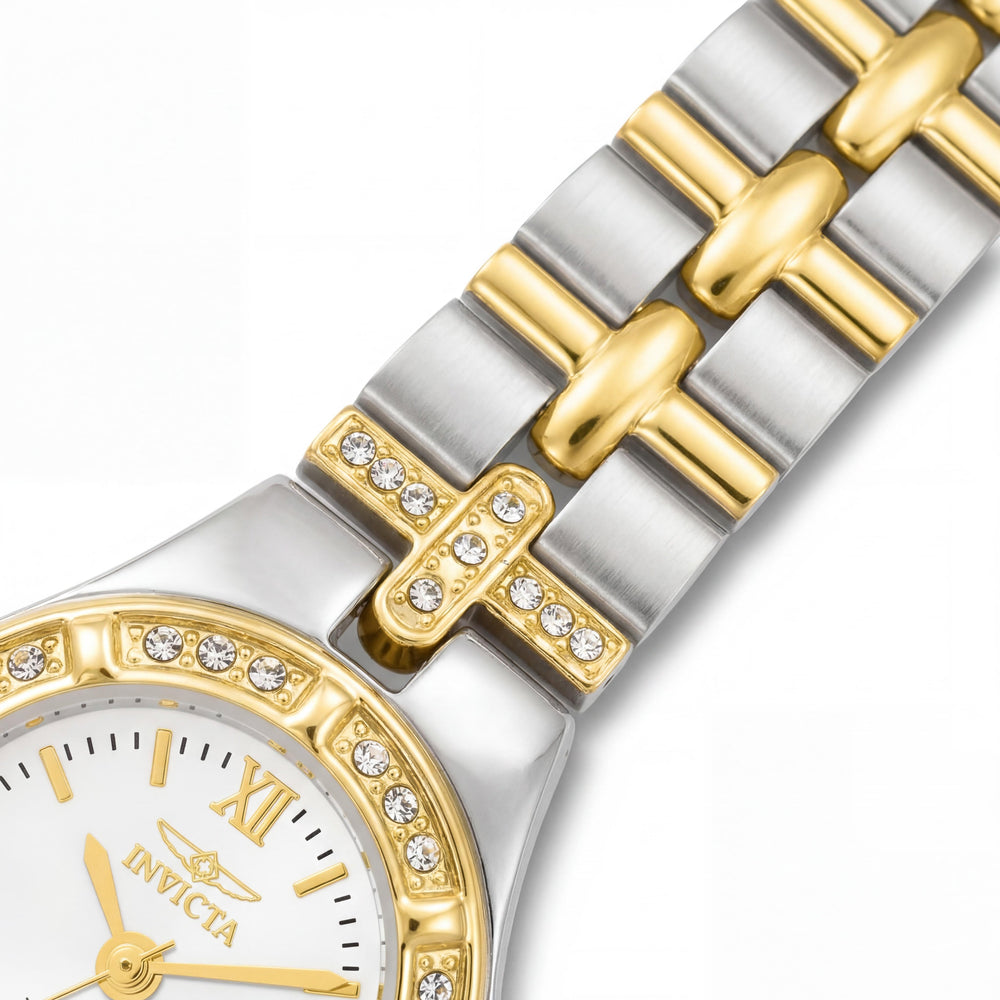 Invicta Reloj de cuarzo resistente al agua para mujer 0133 de acero inoxidable de dos tonos con detalles de cristal, esfera blanca, 22 mm