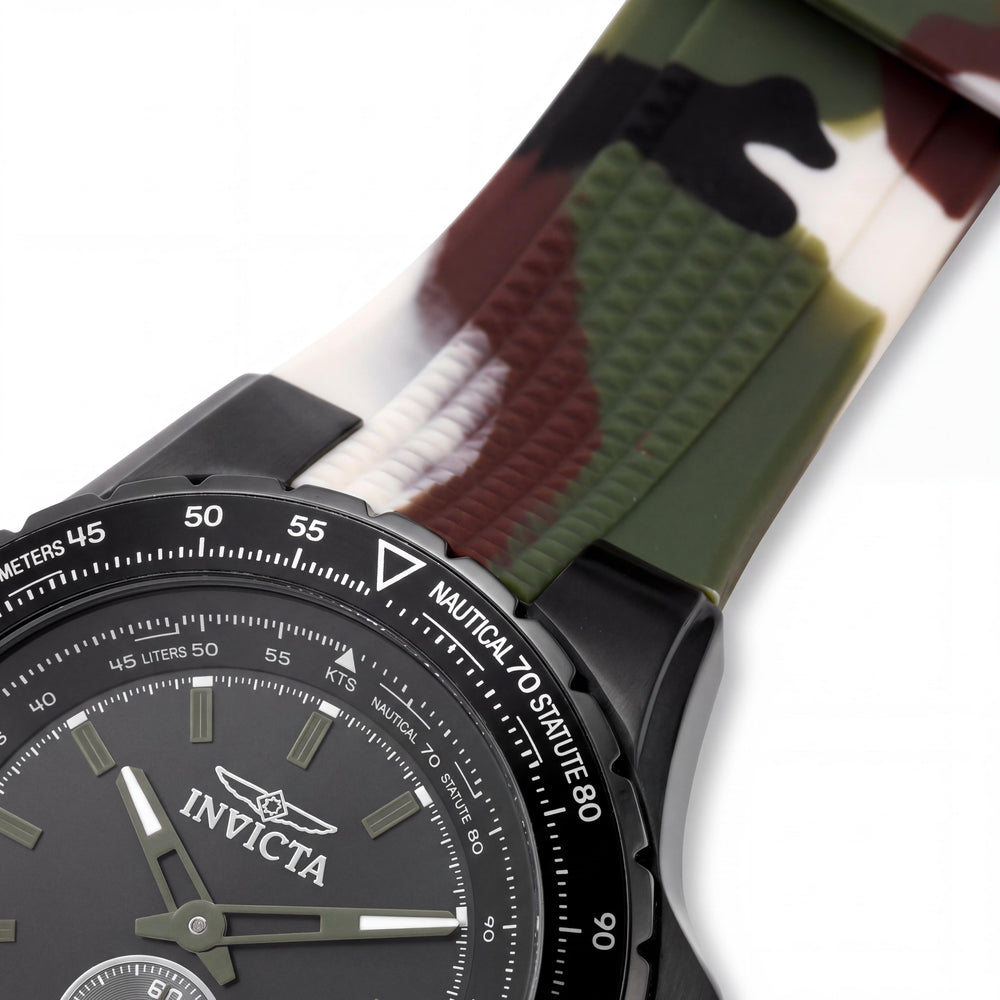 Reloj de cuarzo Invicta Aviator 49320 para hombre, caja de acero inoxidable de 50 mm, esfera negra, correa de silicona