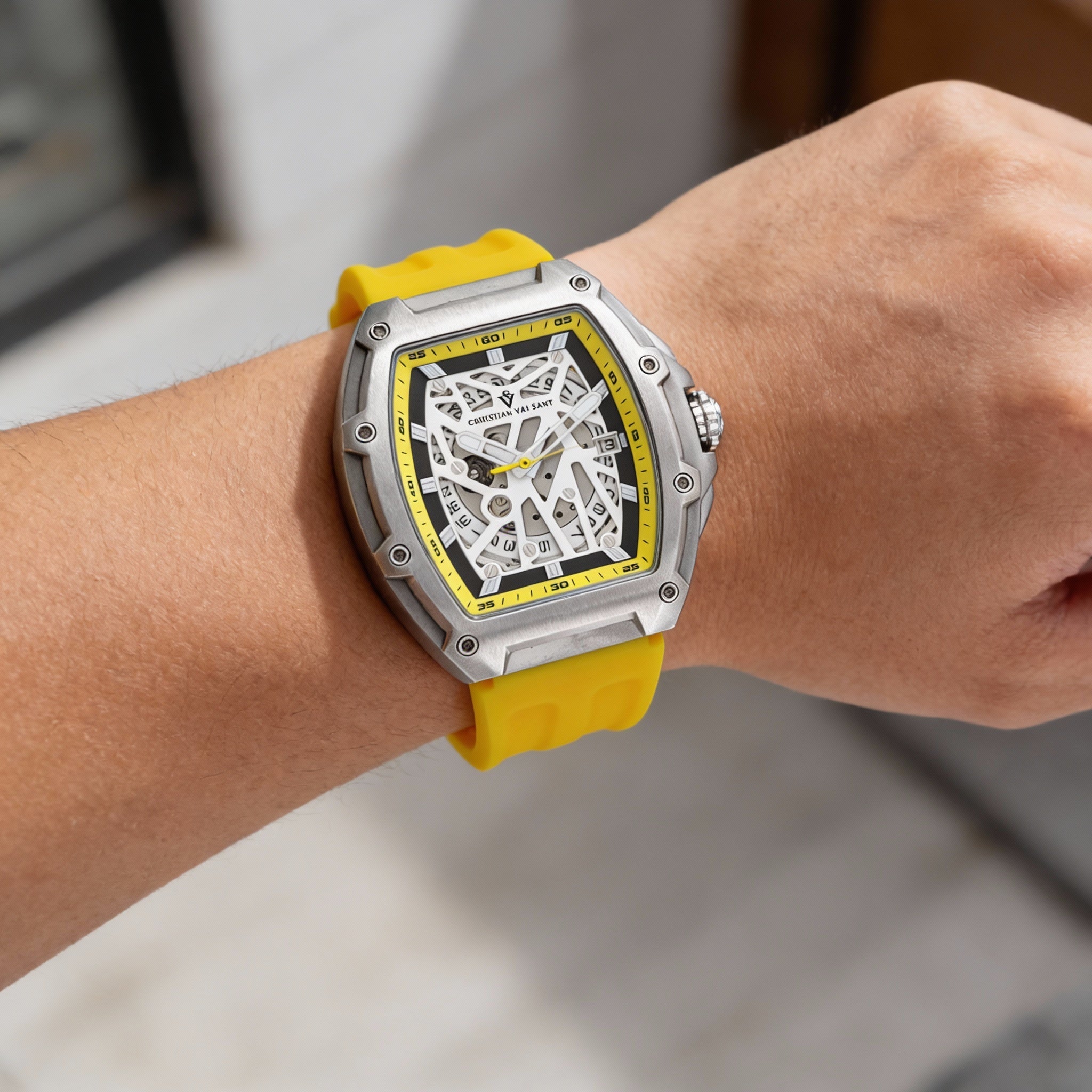 Reloj automático Christian Van Sant para hombre, caja de acero inoxidable amarillo, esfera blanca, correa de caucho, resistente al agua., Photo 3