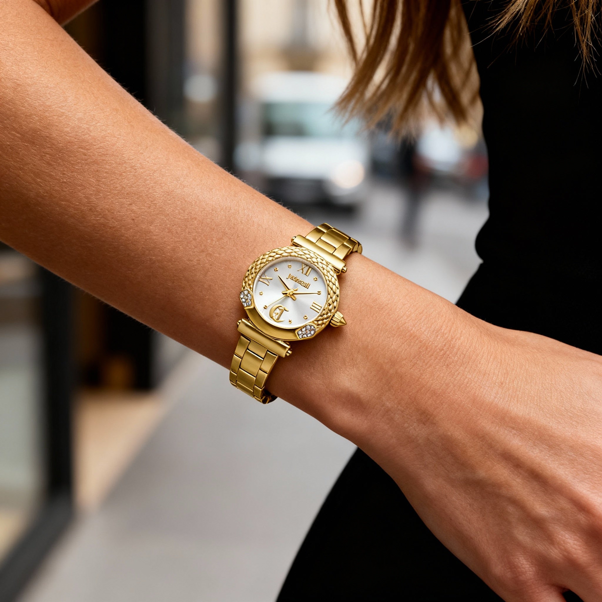 Just Cavalli Watch & Bracelet Set, Women's Yellow Gold SS, Silver Grey Dial, 24 Gemstones, 30mm Quartz, Photo 4